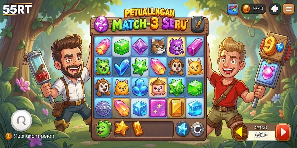 Tampilan menarik gameplay 55RT dalam atmosfer Match-3 yang menantang.