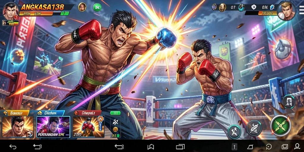 Screenshot gameplay <strong>ANGKASA138</strong> menampilkan pertarungan seru antar karakter.