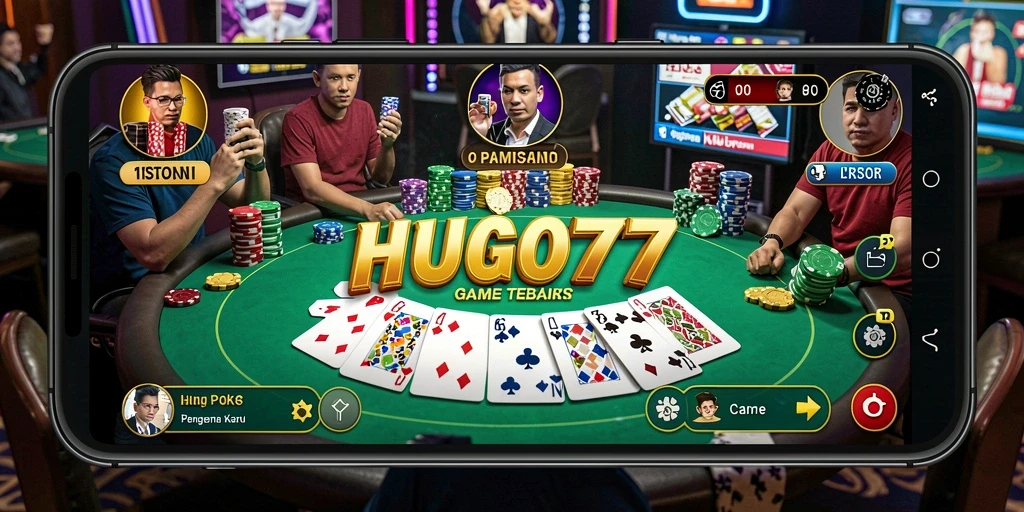 Tampilan game Poker HUGO77 dengan pemain yang serius dan meja permainan.