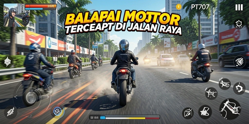 Tampilan gameplay seru PT707 saat balapan motor.