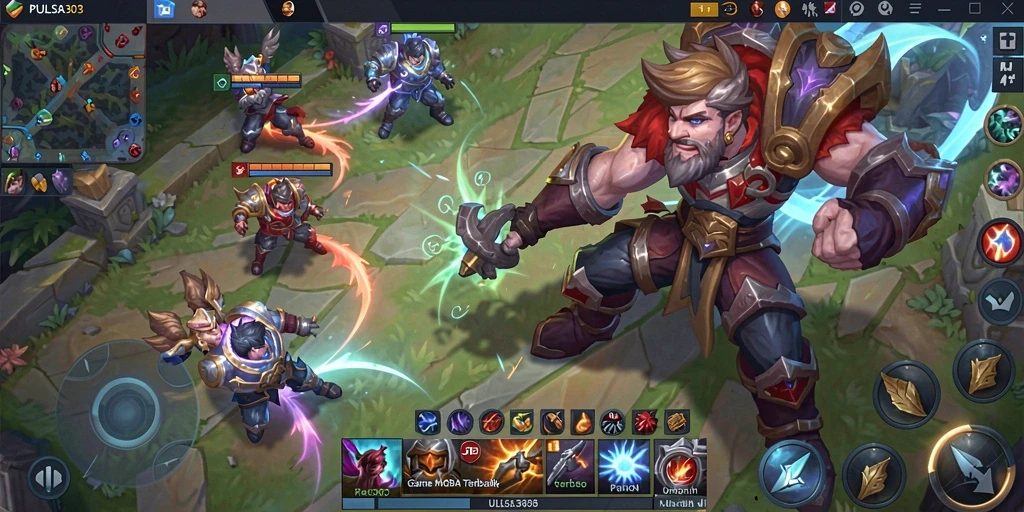 Screenshot gameplay PULSA303 yang menunjukkan aksi MOBA yang menegangkan.